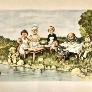 Vintage Robert Hogfeldt Swedish Lithograph Print The Fish Dinner 15.75” x 11.75”
